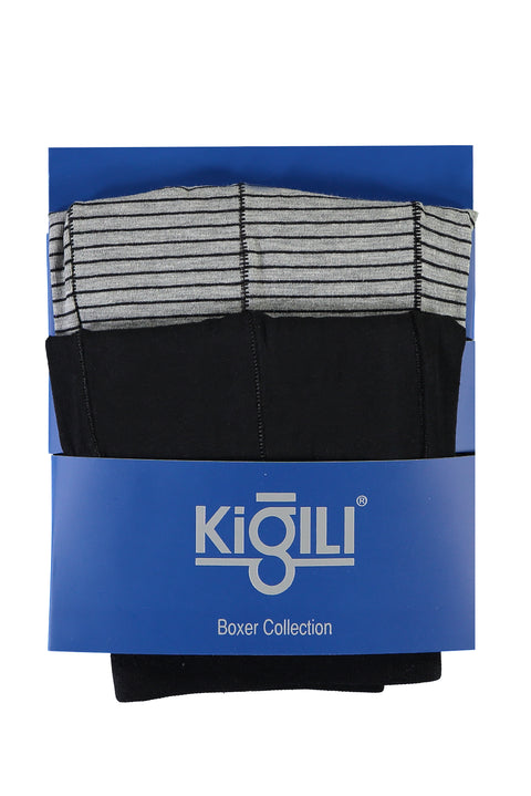 Siyah 2'li Çizgili Pamuklu Süprem Boxer Seti