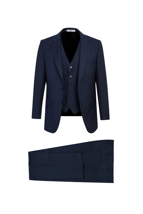 Orta Lacivert 4 Drop Relaxed Fit Rahat Kesim Yelekli Takım Elbise