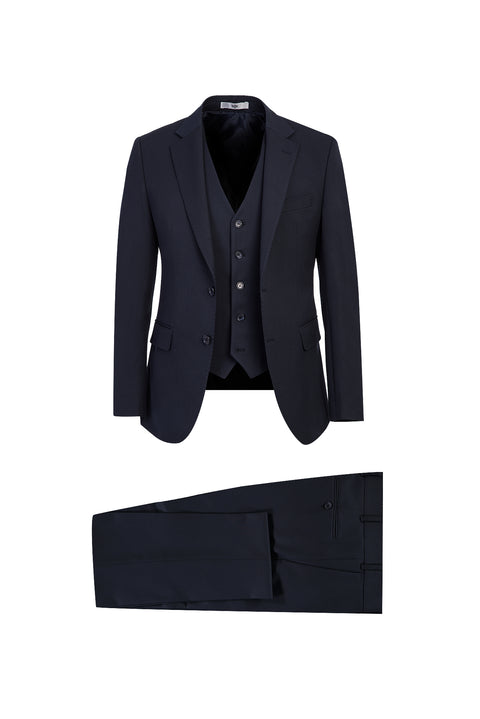 Koyu Lacivert 7 Drop Slim Fit Dar Kesim Yelekli Takım Elbise