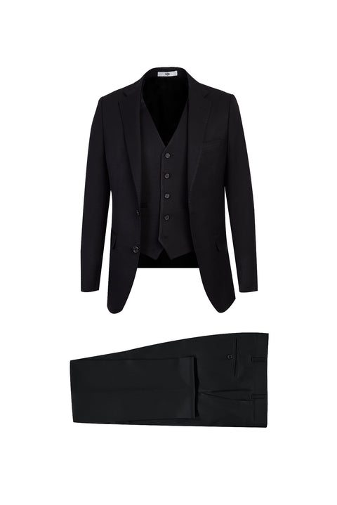Black 4-Drop Relaxed Fit Suit with Vest