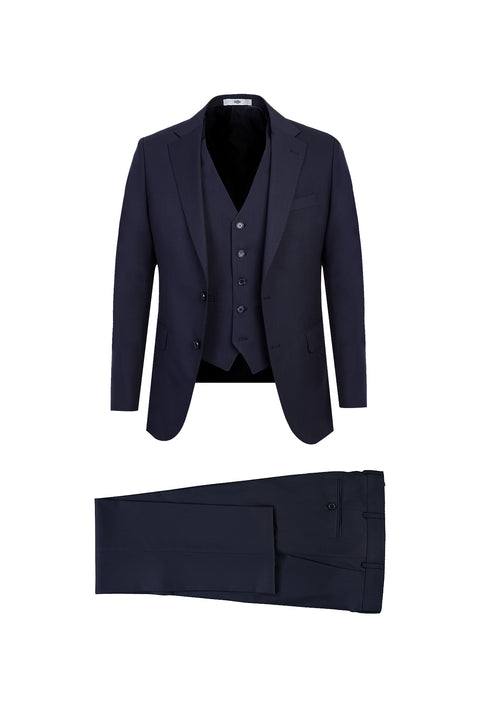 Koyu Lacivert 7 Drop Slim Fit Dar Kesim Yelekli Takım Elbise