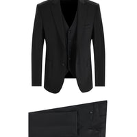 Siyah Slim Fit Dar Kesim Yelekli Takım Elbise