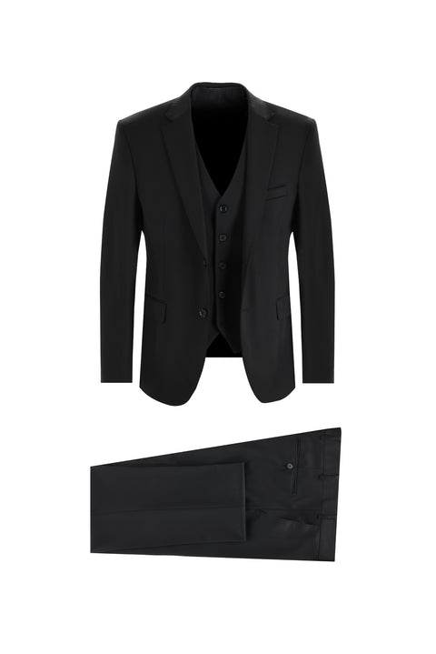 Siyah 7 Drop Slim Fit Dar Kesim Yelekli Takım Elbise