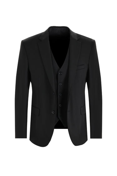 Siyah Slim Fit Dar Kesim Yelekli Takım Elbise