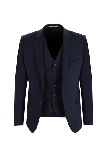  Koyu Lacivert Slim Fit Dar Kesim Yelekli Takım Elbise