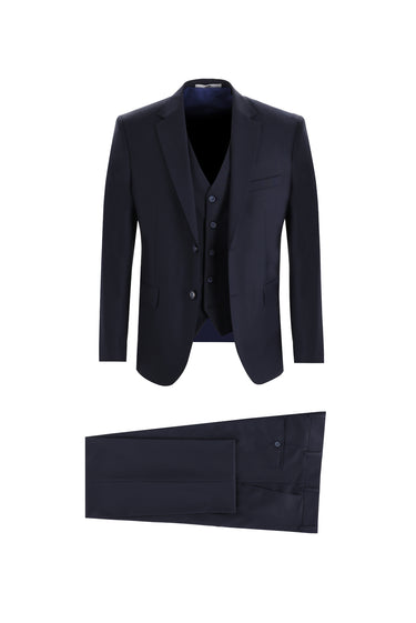  Koyu Lacivert Slim Fit Dar Kesim Yelekli Takım Elbise