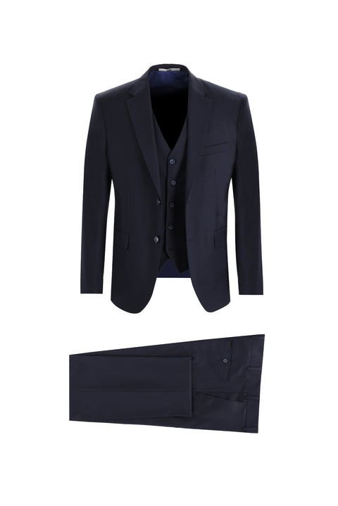 Koyu Lacivert 7 Drop Slim Fit Dar Kesim Yelekli Takım Elbise