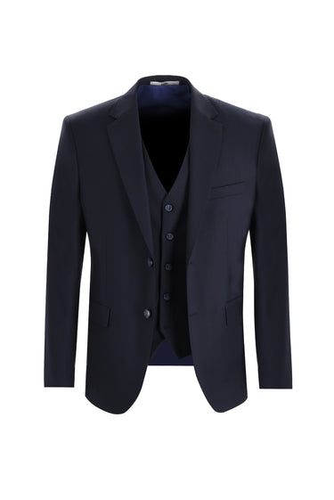  Koyu Lacivert Slim Fit Dar Kesim Yelekli Takım Elbise