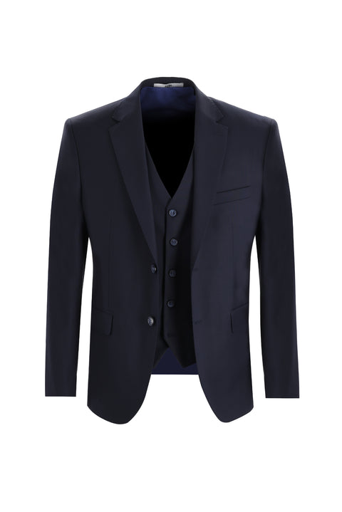 Koyu Lacivert 7 Drop Slim Fit Dar Kesim Yelekli Takım Elbise