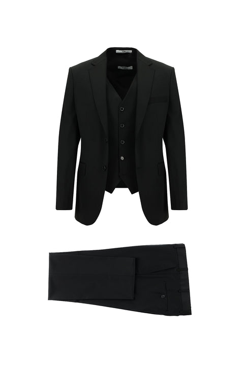 Siyah 7 Drop Slim Fit Dar Kesim Yelekli Takım Elbise