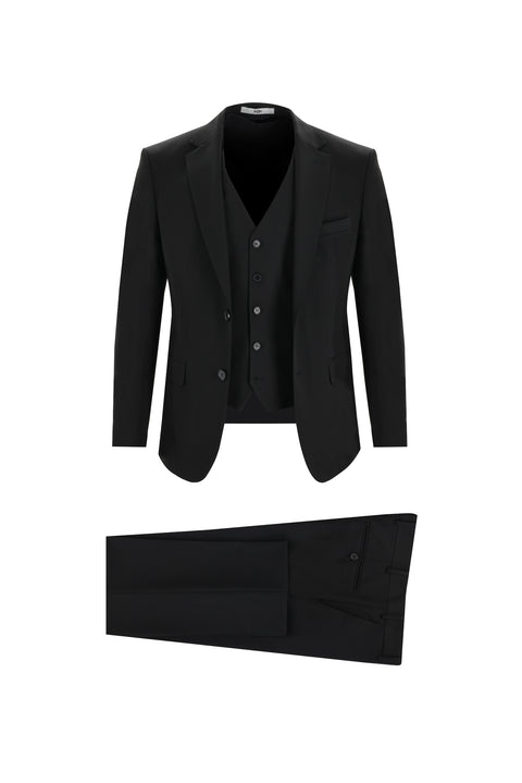 Siyah 4 Drop Relaxed Fit Rahat Kesim Yelekli Takım Elbise