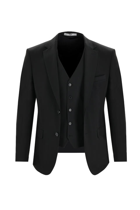 Siyah 7 Drop Slim Fit Dar Kesim Yelekli Takım Elbise