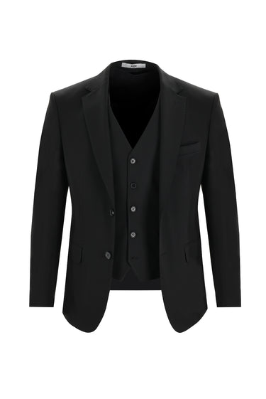 Siyah Relaxed Fit Rahat Kesim Yelekli Takım Elbise