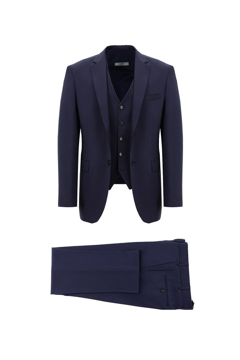 Koyu Lacivert 7 Drop Slim Fit Dar Kesim Yelekli Takım Elbise