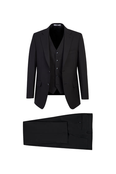 Siyah 7 Drop Slim Fit Dar Kesim Yelekli Takım Elbise