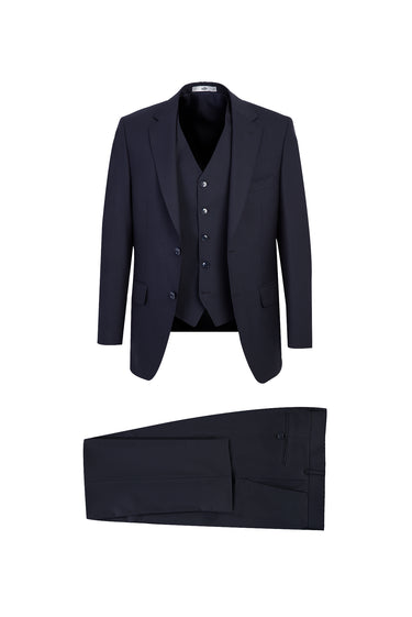 Koyu Lacivert 7 Drop Slim Fit Dar Kesim Yelekli Takım Elbise