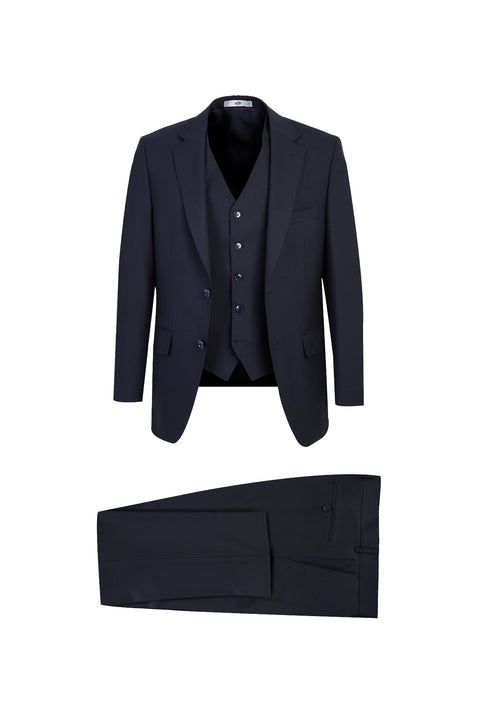 Koyu Lacivert 4 Drop Relaxed Fit Rahat Kesim Yünlü Yelekli Takım Elbise