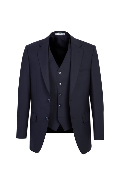 Koyu Lacivert 4 Drop Relaxed Fit Rahat Kesim Yünlü Yelekli Takım Elbise