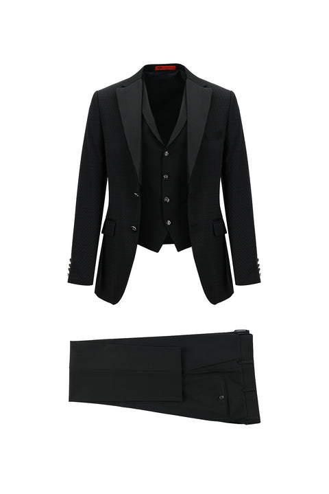 Siyah 7 Drop Slim Fit Dar Kesim Mono Yaka Yelekli Smokin & Damatlık