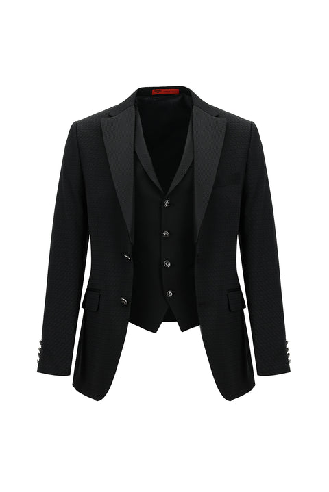 Siyah 7 Drop Slim Fit Dar Kesim Mono Yaka Yelekli Smokin & Damatlık