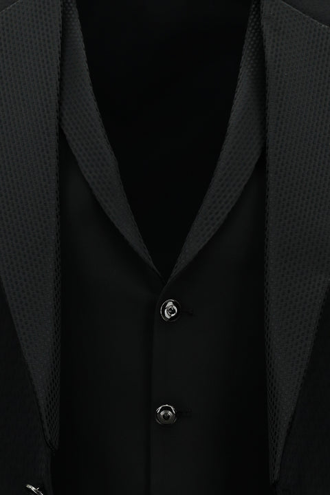 Siyah 7 Drop Slim Fit Dar Kesim Mono Yaka Yelekli Smokin & Damatlık