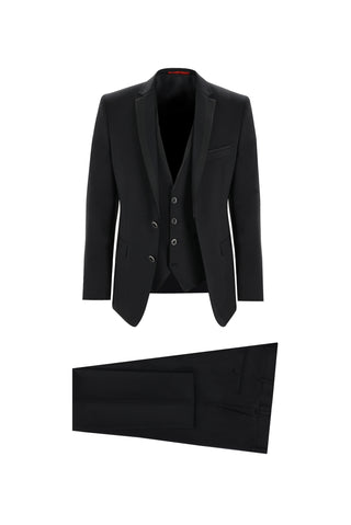  Siyah Slim Fit Dar Kesim Mono Yaka Yelekli Smokin & Damatlık