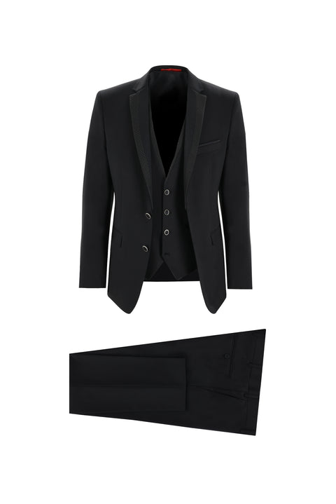 Siyah 7 Drop Slim Fit Dar Kesim Mono Yaka Yelekli Smokin & Damatlık