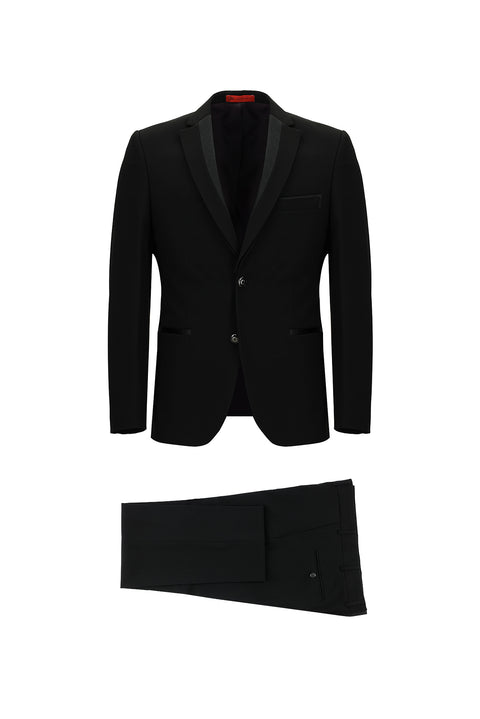 Siyah 7 Drop Slim Fit Dar Kesim Mono Yaka Smokin & Damatlık