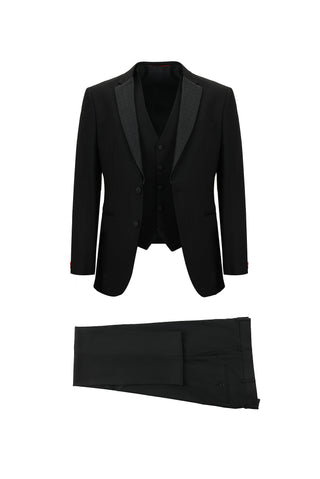 Siyah 7 Drop Slim Fit Dar Kesim Mono Yaka Yelekli Smokin & Damatlık