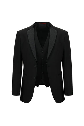  Siyah 7 Drop Slim Fit Dar Kesim Mono Yaka Yelekli Smokin & Damatlık