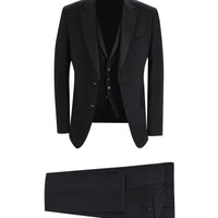 Siyah Slim Fit Dar Kesim Mono Yaka Yelekli Smokin & Damatlık