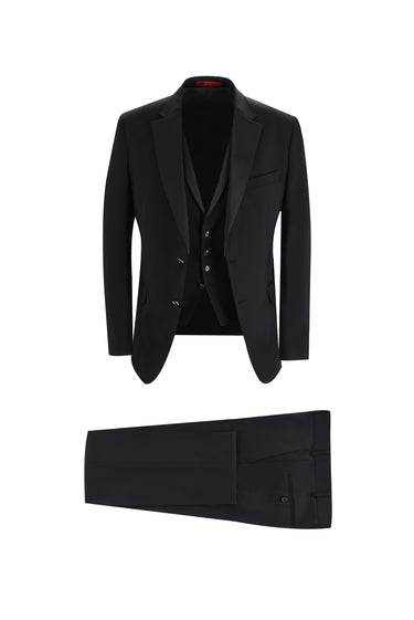  Siyah Slim Fit Dar Kesim Mono Yaka Yelekli Smokin & Damatlık