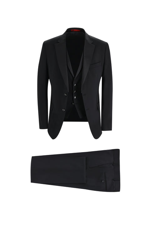 Siyah 7 Drop Slim Fit Dar Kesim Mono Yaka Yelekli Smokin & Damatlık