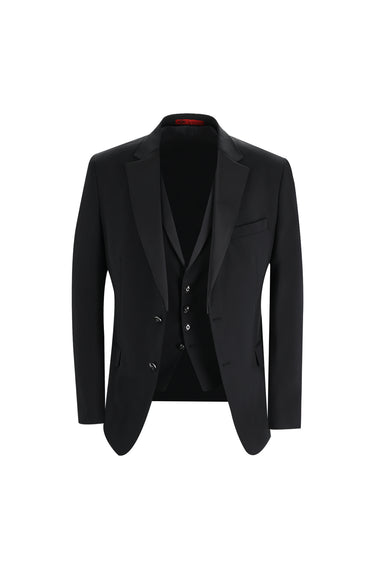  Siyah Slim Fit Dar Kesim Mono Yaka Yelekli Smokin & Damatlık