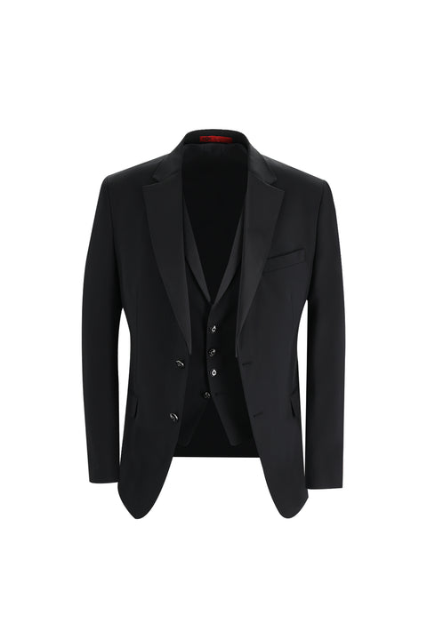 Siyah 7 Drop Slim Fit Dar Kesim Mono Yaka Yelekli Smokin & Damatlık