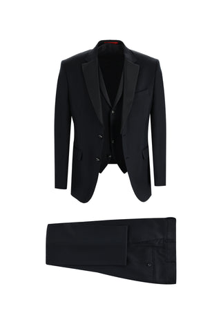  Siyah 7 Drop Slim Fit Dar Kesim Mono Yaka Yelekli Smokin & Damatlık
