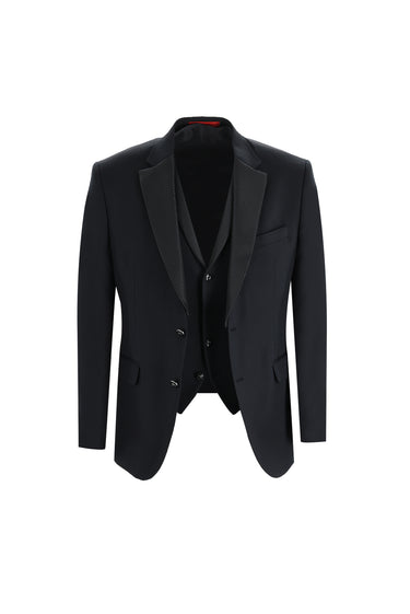 Siyah Slim Fit Dar Kesim Mono Yaka Yelekli Smokin & Damatlık