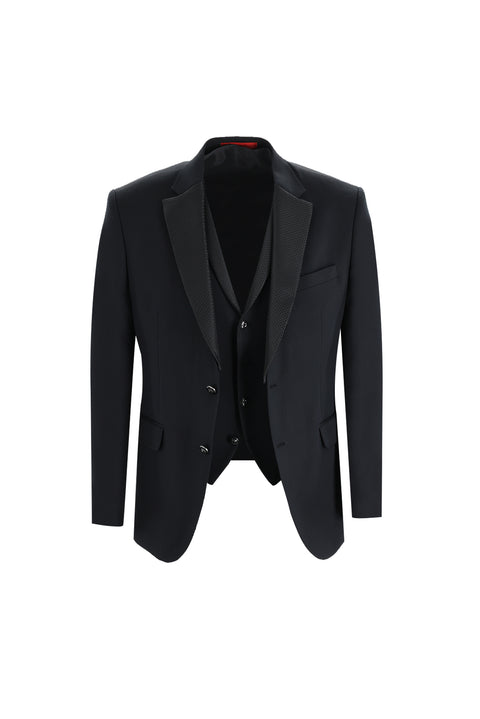 Siyah 7 Drop Slim Fit Dar Kesim Mono Yaka Yelekli Smokin & Damatlık