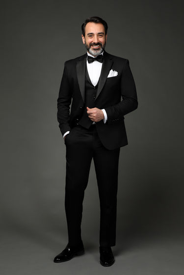 Siyah Slim Fit Dar Kesim Mono Yaka Yelekli Smokin & Damatlık