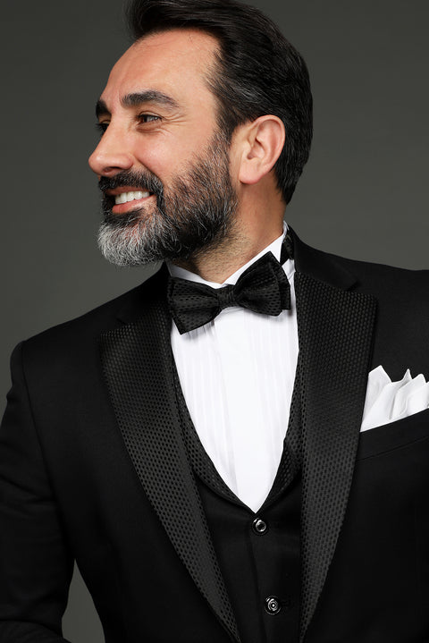 Siyah 7 Drop Slim Fit Dar Kesim Mono Yaka Yelekli Smokin & Damatlık