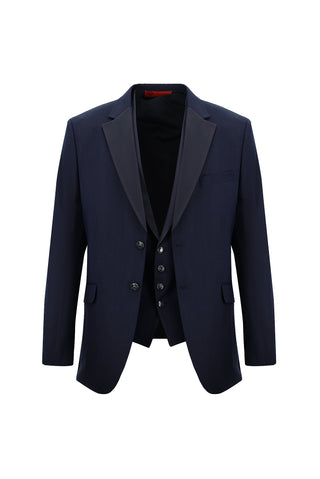  Koyu Lacivert 7 Drop Slim Fit Dar Kesim Mono Yaka Yelekli Smokin & Damatlık