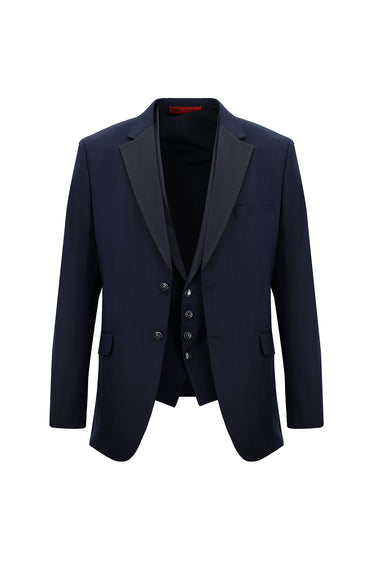  Koyu Lacivert Slim Fit Dar Kesim Mono Yaka Yelekli Smokin & Damatlık
