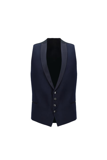  Koyu Lacivert Slim Fit Dar Kesim Mono Yaka Yelekli Smokin & Damatlık