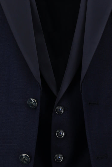 Koyu Lacivert Slim Fit Dar Kesim Mono Yaka Yelekli Smokin & Damatlık