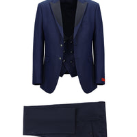 Koyu Lacivert 7 Drop Slim Fit Dar Kesim Sivri Yaka Yelekli Smokin & Damatlık