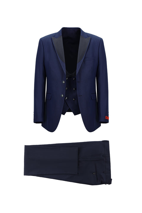 Koyu Lacivert 7 Drop Slim Fit Dar Kesim Sivri Yaka Yelekli Smokin & Damatlık