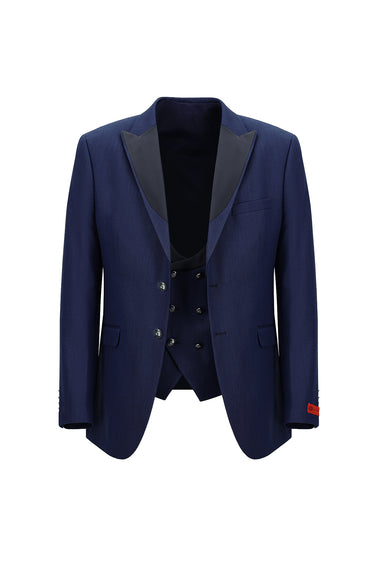 Koyu Lacivert Slim Fit Dar Kesim Sivri Yaka Yelekli Smokin & Damatlık