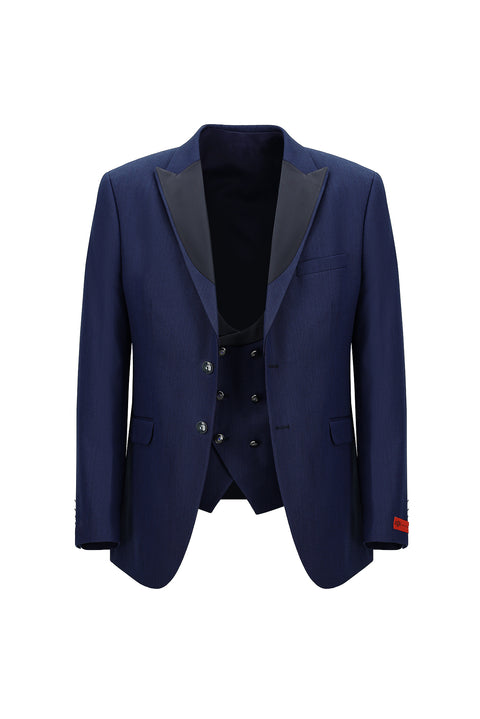 Koyu Lacivert 7 Drop Slim Fit Dar Kesim Sivri Yaka Yelekli Smokin & Damatlık