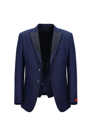  Koyu Lacivert 6 Drop Regular Fit Standart Kesim Sivri Yaka Yelekli Smokin & Damatlık