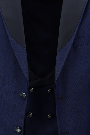 Koyu Lacivert Slim Fit Dar Kesim Sivri Yaka Yelekli Smokin & Damatlık